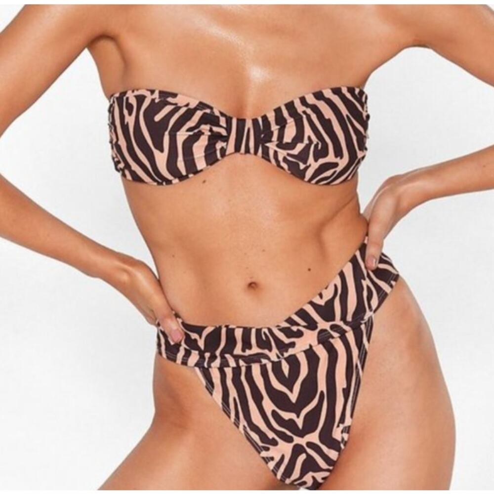Nasty Gal Zebra Print High-Waisted Bikini Set Brown Tan Size 2 NWOT